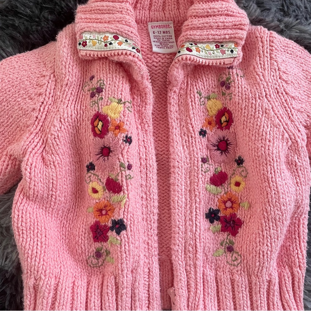 gymboree pink floral embroidered zip up knit sweater
